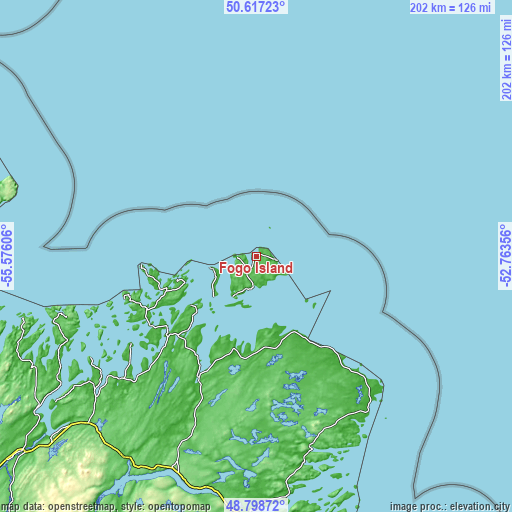 Topographic map of Fogo Island