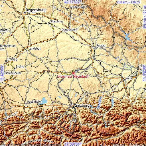 Topographic map of Braunau Neustadt