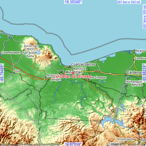 Topographic map of Ixhuatlán del Sureste
