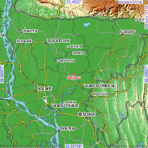 Topographic map of Bājitpur