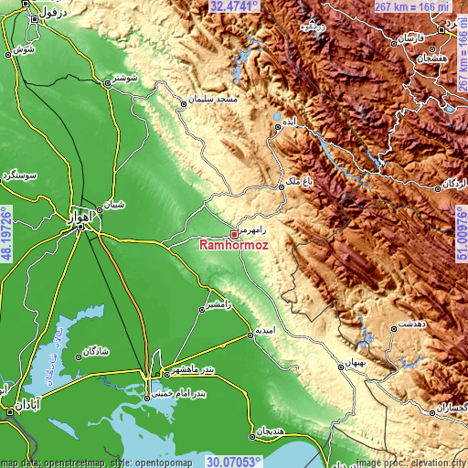 Topographic map of Rāmhormoz