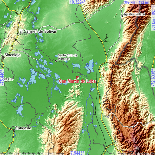 Topographic map of San Martín de Loba