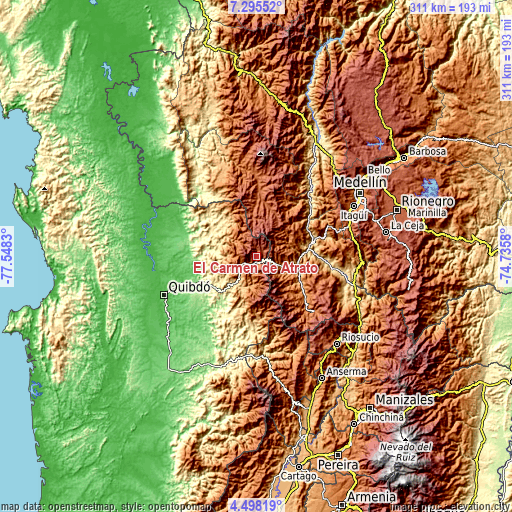 Topographic map of El Carmen de Atrato