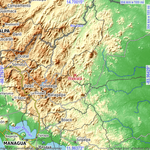 Topographic map of Waslala