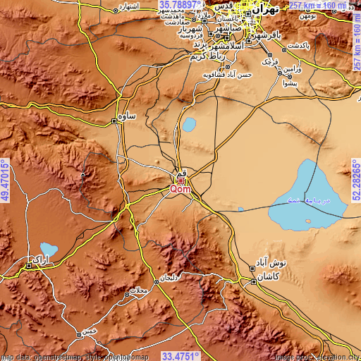 Topographic map of Qom