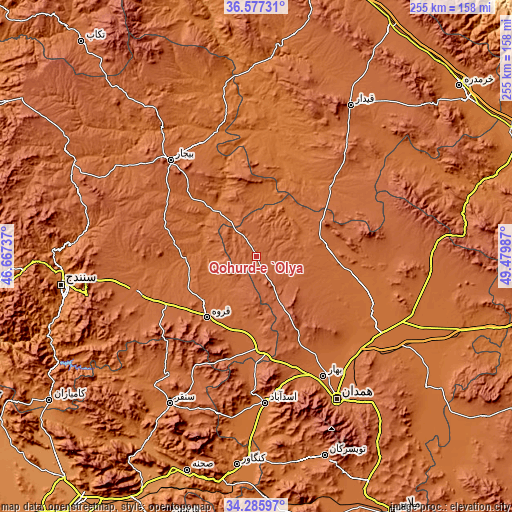 Topographic map of Qohūrd-e ‘Olyā