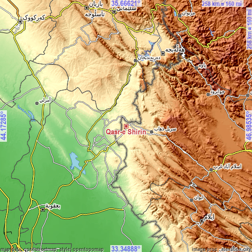 Topographic map of Qaşr-e Shīrīn