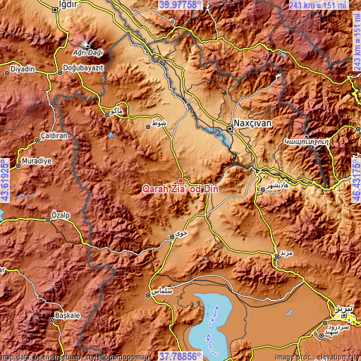 Topographic map of Qarah Ẕīā’ od Dīn
