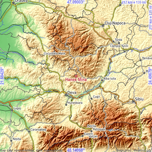 Topographic map of Haneș Mină