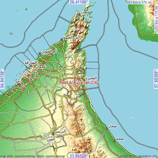 Topographic map of Reef Al Fujairah City