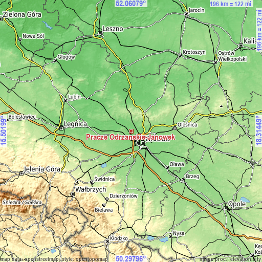 Topographic map of Pracze Odrzańskie-Janówek