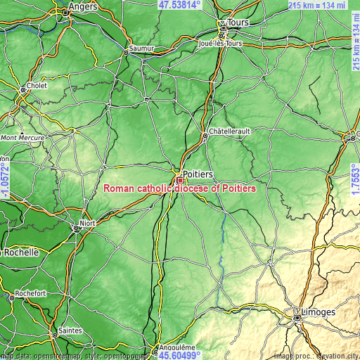 Topographic map of Roman catholic diocese of Poitiers