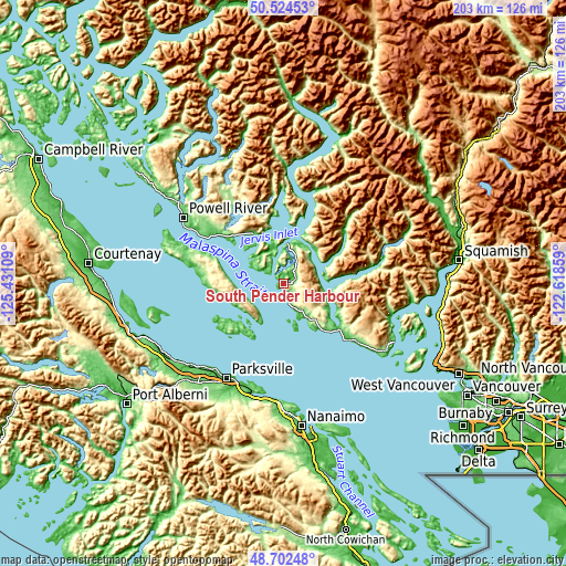 Topographic map of South Pender Harbour