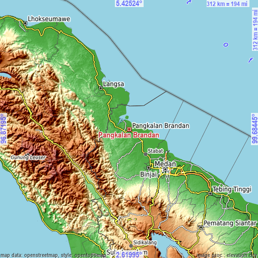 Topographic map of Pangkalan Brandan