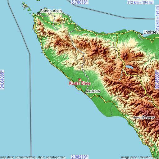 Topographic map of Kuala Bhee