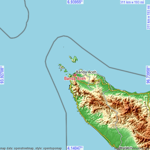 Topographic map of Banda Aceh