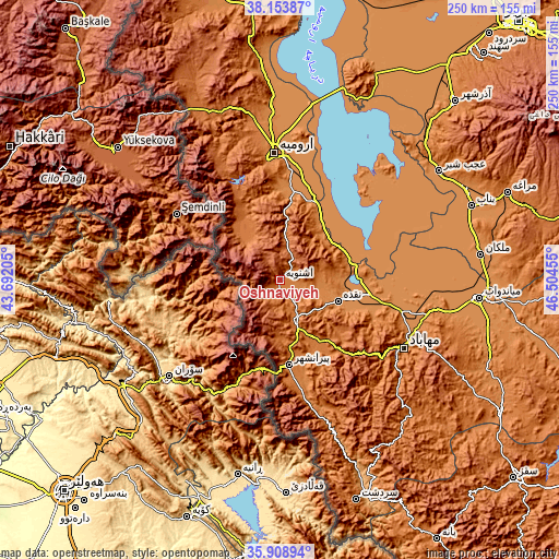 Topographic map of Oshnavīyeh