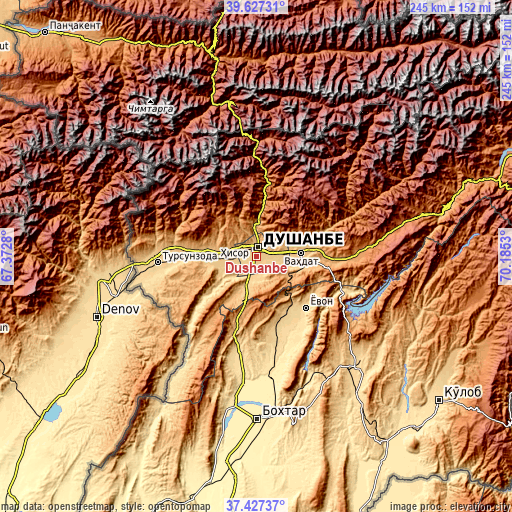 Topographic map of Dushanbe