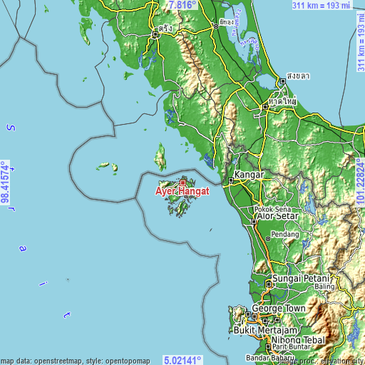 Topographic map of Ayer Hangat