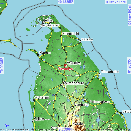 Topographic map of Vavuniya