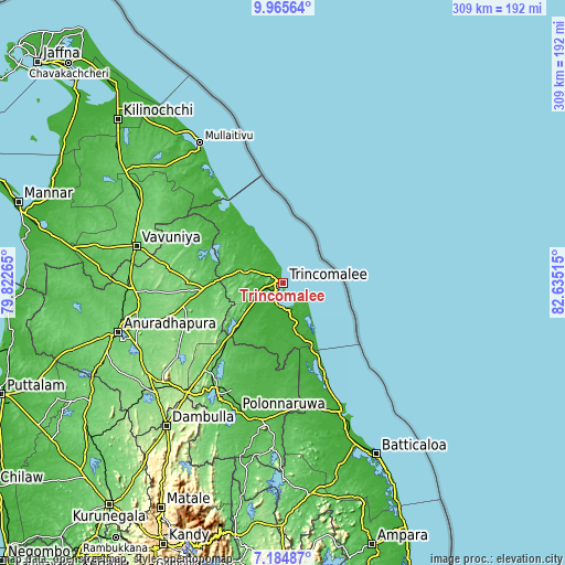 Topographic map of Trincomalee