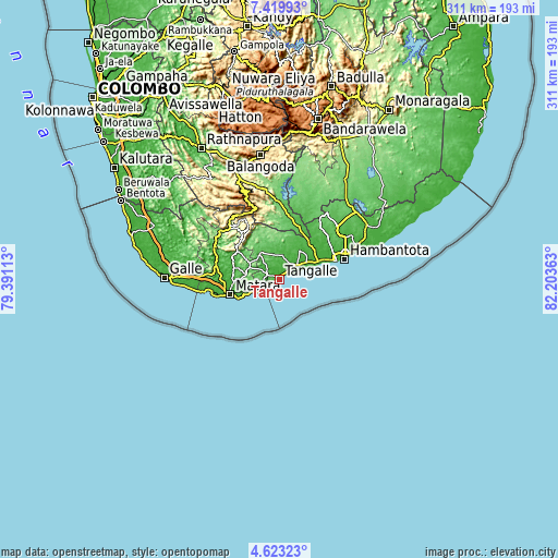 Topographic map of Tangalle