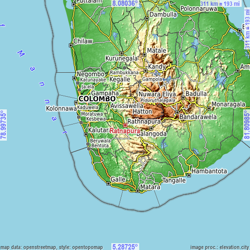 Topographic map of Ratnapura