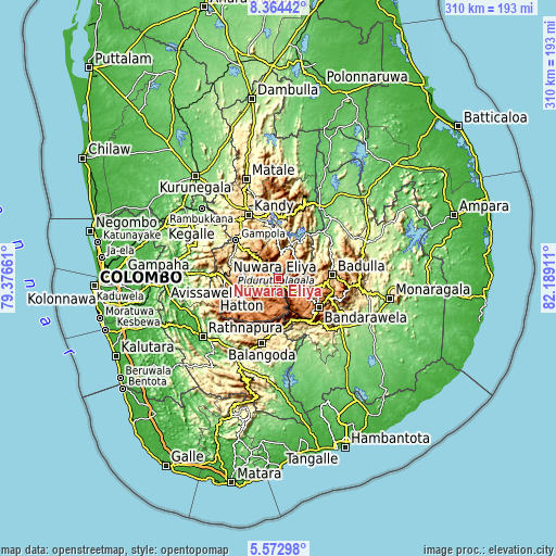 Topographic map of Nuwara Eliya