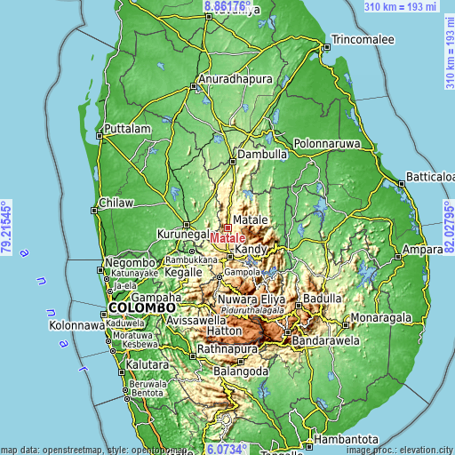Topographic map of Matale