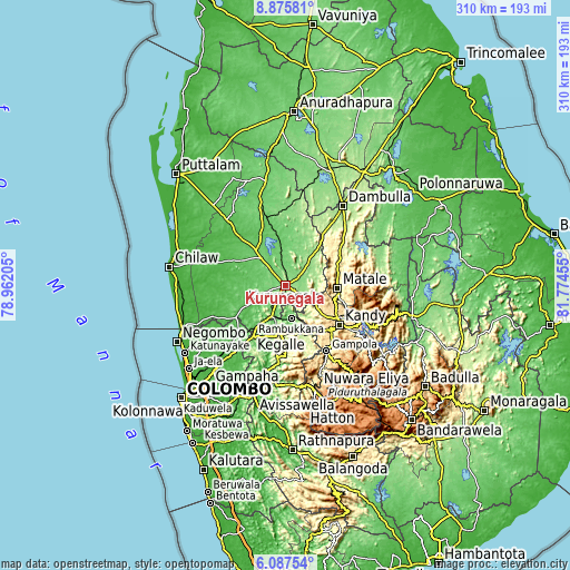 Topographic map of Kurunegala