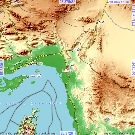 Topographic map of Mīnāb
