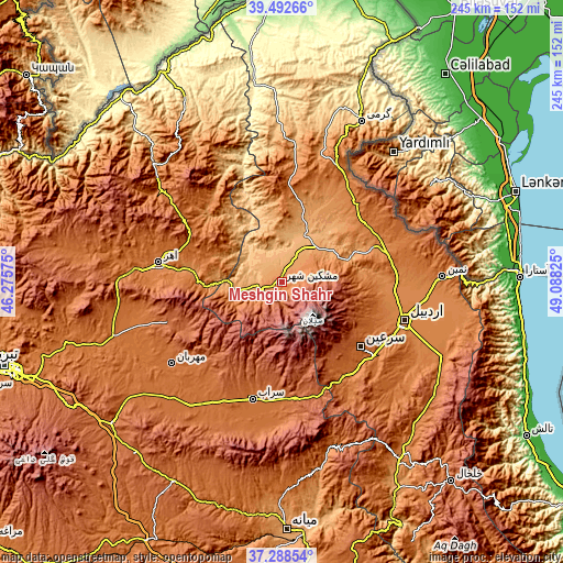 Topographic map of Meshgīn Shahr