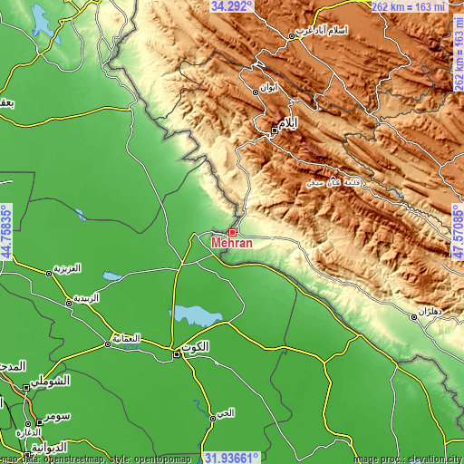 Topographic map of Mehrān