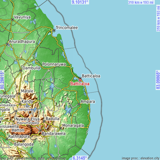 Topographic map of Batticaloa