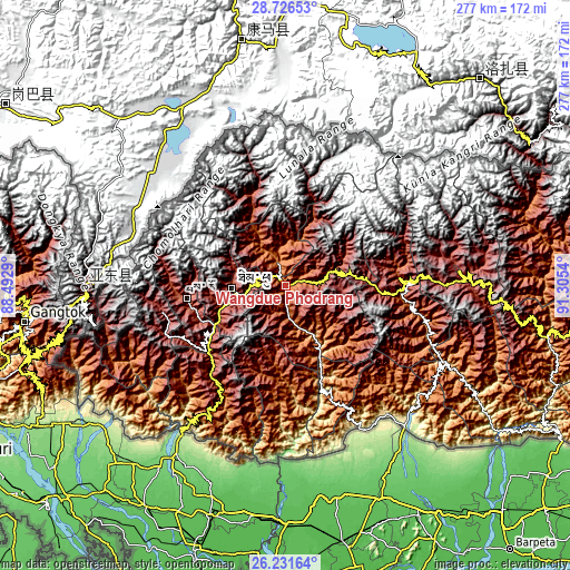 Topographic map of Wangdue Phodrang