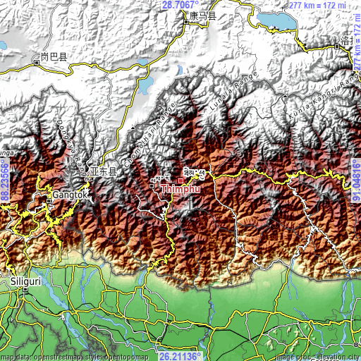 Topographic map of Thimphu