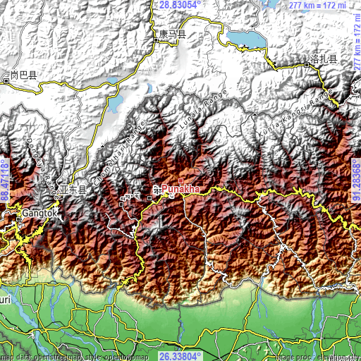 Topographic map of Punākha