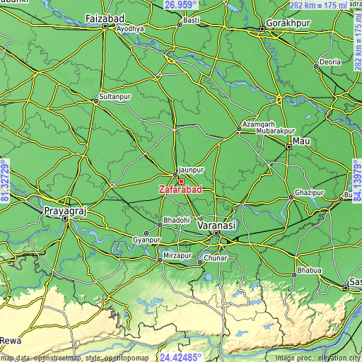 Topographic map of Zafarābād