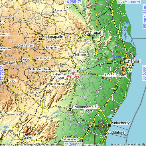 Topographic map of Vellore