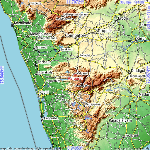 Topographic map of Valparai