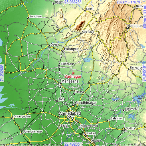 Topographic map of Vadnagar