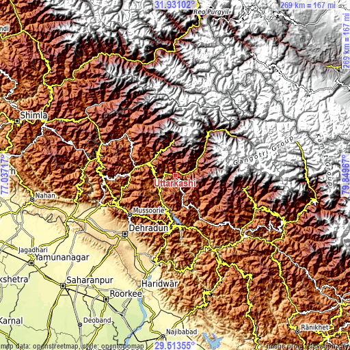 Topographic map of Uttarkāshi