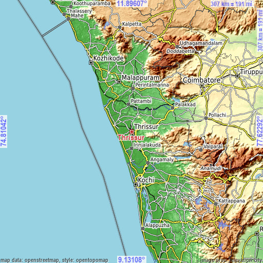 Topographic map of Thrissur