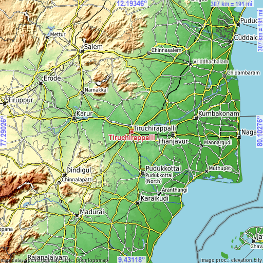 Topographic map of Tiruchirappalli
