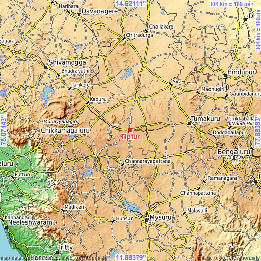 Topographic map of Tiptūr