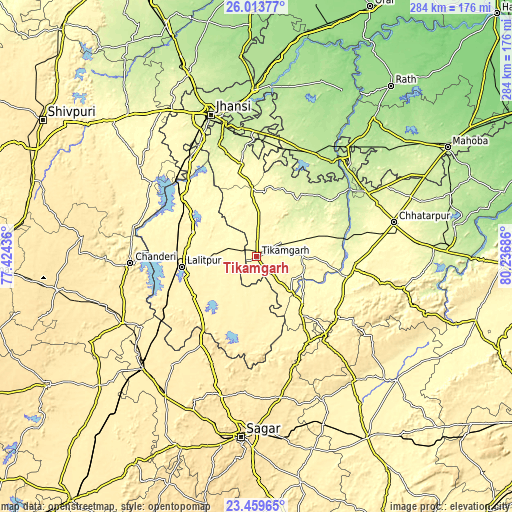 Topographic map of Tīkamgarh