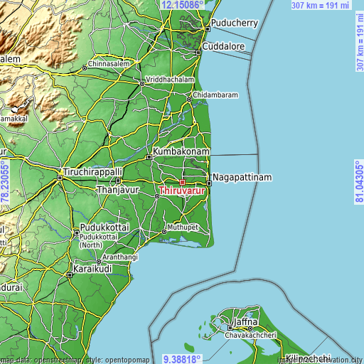 Topographic map of Thiruvarur