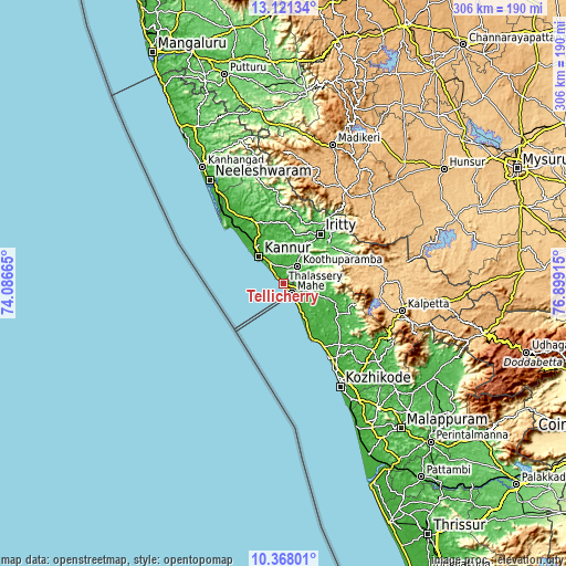 Topographic map of Tellicherry