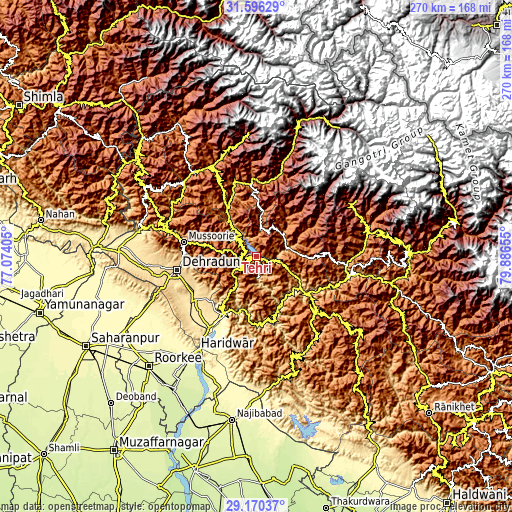 Topographic map of Tehri