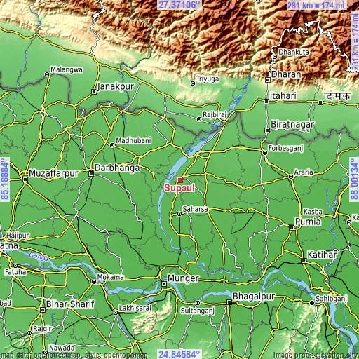 Topographic map of Supaul
